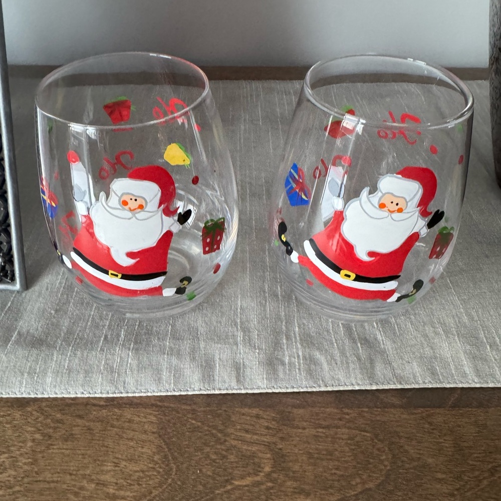 Santa Claus hand painted Stemless Wine Glasses. Set of 2